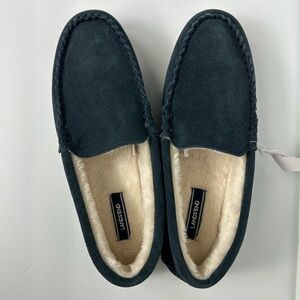 Lands' End Women's Suede Slip-On Loafers in Navy with Cream faux fur Lining